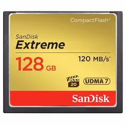 SanDisk 128GB Extreme, CF, 128 GB, CompactFlash, 120 MB/s, 85 MB/s, Black, Gold
