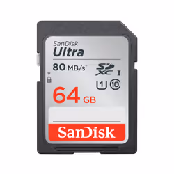 SanDisk Ultra, 64 GB, SDXC, Class 10, UHS-I, 80 MB/s, Class 1 (U1)