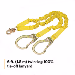 3M DBI-SALA Shockwave 2  1244412 6' Shock Absorbing Lanyard  Tubular Web  100% Tie Off w/ Steel Rebar Hooks On Leg Ends  Snap Hook On Other  Yellow