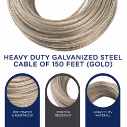 Strata Clothesline Outdoor Heavy Duty Kit - 150 Feet Galvanized Wire Gold PVC Coating  6.5"""" Clothesline Pulley 2pcs  Metal Mini Winch Tightener 1pc