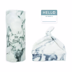 Mary Meyer Lulujo Hello World Hat & Swaddle Set - Marble, Swaddle blanket, Blue, White, Image, Bamboo, Cotton, Muslin, Boy/Gi ...