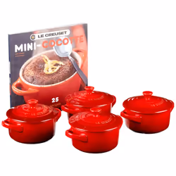 Le Creuset Stoneware Set of 4 Mini Cocottes with Cookbook, 8 oz. each, Cerise