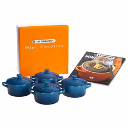 Le Creuset Stoneware Set of 4 Mini Cocottes with Cookbook 8 oz. each Marseille