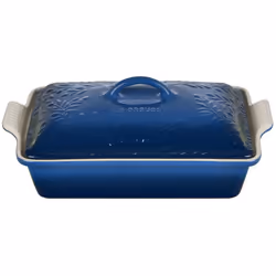 Le Creuset Olive Branch Collection Stoneware Heritage Covered Rectangular Casserole 4 qt. Marseille with Embossed Lid