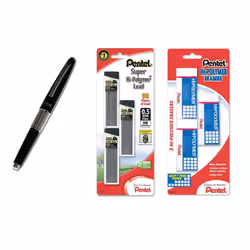 Pentel Sharp Kerry Mechanical Pencil 0.70mm Black Metallic Barrel 1 Piece P1037A 0.5mm Bundle Pencil + Lead + Erasers Black