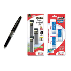 Pentel Sharp Kerry Mechanical Pencil 0.70mm Black Metallic Barrel 1 Piece P1037A 0.5mm Bundle Pencil + Lead + Erasers Black