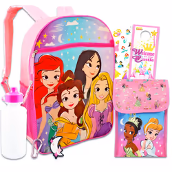 Disney Princess School Backpack With Lunch Box For Girls Kids ~ 4 Pc Bundle With 16"""" Princess School Bag Lunch Bag Stic ...