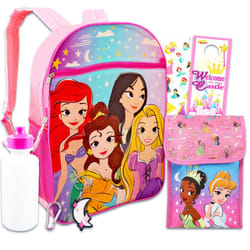 Disney Princess School Backpack With Lunch Box For Girls  Kids ~ 4 Pc Bundle With 16"""" Princess School Bag  Lunch Bag  Stickers  And More (D