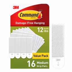 Command PH204-16NA Picture Hanging Strips, Medium, White, Holds up to 12 lbs, 16-Pairs, Easy to Open Packaging Hardware