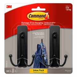 Command Large Matte Black Double Hooks  2 Hooks and 2 Command Strips  Damage Free Hanging Wall Hooks with Adhesive Strips  Co ...