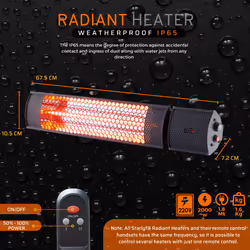 Infrared Patio Heater STARLYF Radiant Heater, 1000/2000W, IP65, Weatherproof, Ideal for Outdoors & Indoors