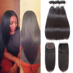 Subella Brazilian Straight Hair 3 Bundles with Closure Grade 10A Unprocessed Brazilian Virgin Human Hair Bundles with Closure (16 18 20+14 Free Part)