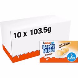 Kinder Happy Hippo Hazelnut Biscuit with Cream Filling, 5 Biscuits, Box of 10 (50 Total)