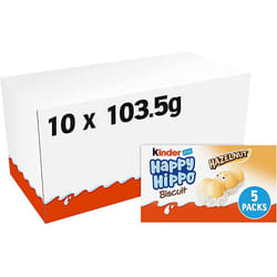 Kinder Happy Hippo Hazelnut Biscuit with Cream Filling, 5 Biscuits, Box of 10 (50 Total)