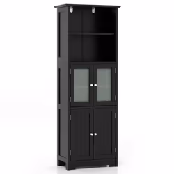 Freestanding Storage Cabinet With Tempered Glass Double Door And Open Shelves