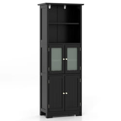 Freestanding Storage Cabinet With Tempered Glass Double Door And Open Shelves