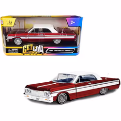 1964 Chevy Impala Lowrider Hard Top Candy Red Metallic with White Top Get Low Series 1/24 Diecast Model Car by Motormax 79021