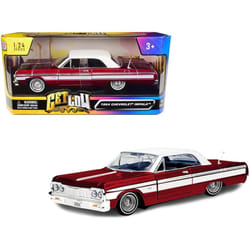 1964 Chevy Impala Lowrider Hard Top Candy Red Metallic with White Top Get Low Series 1/24 Diecast Model Car by Motormax 79021