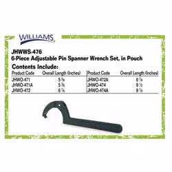 Williams JHWWS-476 6-Piece Adjustable Pin Spanner Wrench Set  Ideal fo