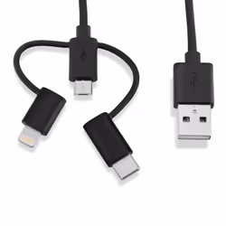 V7 Black USB Cable USB 2.0 A Male to Micro USB Male, Lightning Male, USB-C Male 1m 3.3ft, 1 m, USB A, Micro-USB B, Male/Male, ...