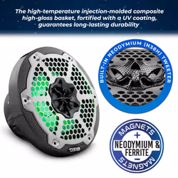 DS18 Hydro CF-65M 6.5"" Marine Speakers 2-Way with Integrated RGB Lights  Black Carbon Fiber  Pair - 100% UV Stable - Water Resistant Speake