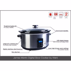 Wahl ZX929 James Martin Digital Slow Cooker 4.7 Litre Ceramic Pot, Programmable, LCD Digital Timer, 2 Heat Settings, Glass Lid, Brushed Stai