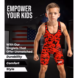 Exxact Sports Digital Camouflage Youth Wrestling Singlet For Boys  Premium Powerlifting Singlet  Kids Wrestling Singlets For Training (YL  Red Camo)