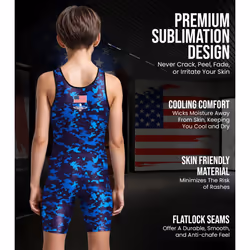 Exxact Sports Digital Camouflage Youth Wrestling Singlet For Boys  Premium Powerlifting Singlet  Kids Wrestling Singlets For Training (YM  Blue Camo)
