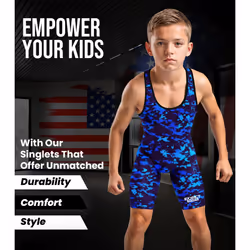 Exxact Sports Digital Camouflage Youth Wrestling Singlet For Boys  Premium Powerlifting Singlet  Kids Wrestling Singlets For Training (YM  Blue Camo)