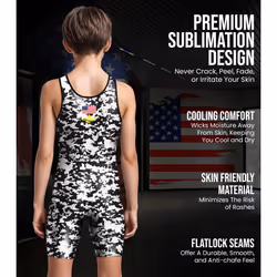 Exxact Sports Digital Camouflage Youth Wrestling Singlet For Boys  Premium Powerlifting Singlet  Kids Wrestling Singlets For Training (YL  White/Black