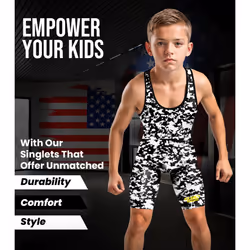 Exxact Sports Digital Camouflage Youth Wrestling Singlet For Boys  Premium Powerlifting Singlet  Kids Wrestling Singlets For Training (YL  White/Black