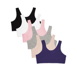 Fruit of the Loom Girls' 6-Pack Cotton Built-up Stretch Sports Bra  Blueberry/Black/Grey/White/Sand/Blush  36