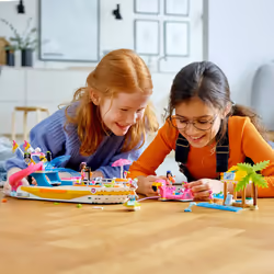 LEGO Friends Party Boat 41433 Including LEGO Friends Emma  Andrea and Ethan Mini-Doll Figures  Beach Store and Flamingo Party Boat  Great Summer Toy f