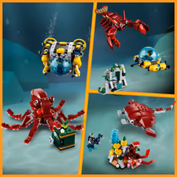 LEGO Creator 3 in 1 Sunken Treasure Mission Submarine Toy  Underwater Creatures Transform from Octopus tp Lobster to Manta Ray  Fun Sea Animal Figures