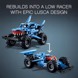 LEGO Technic Monster Jam Megalodon Building Set  2 in 1 Pull Back Shark Truck to Lusca Low Racer Car Toy  DIY Building Toy Ideas for Outdoor Play for