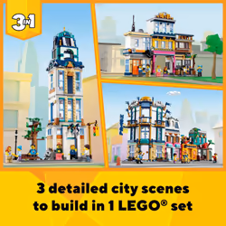 LEGO Creator 3 in 1 Main Street Building Toy Set  Features a Toy City  Art Deco Building  Market Street  Hotel  Caf?  Music Store and 6 Minifigures  E
