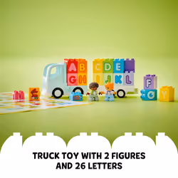 LEGO DUPLO Town Alphabet Truck Toy  Construction Toy for Kids Aged 2 and Up  ABC Learning Vehicle with a Trailer Carrying Alphabet Bricks with Boy and