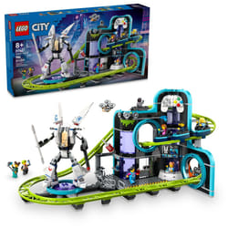 LEGO City Robot World Roller-Coaster Park Adventure Toy  Arcade Themed Roller Coaster Set with Posable Mech Action Figure and 8 Minifigures  Creative
