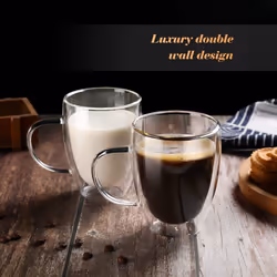 12 Oz Double Walled Glass Coffee Mugs with Handle  Insulated Layer Coffee Cups  Clear Borosilicate Glass Mugs - Gift for Cappuccino Tea Latte Espresso
