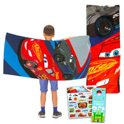Disney Cars Beach Towel Set - Bundle with Lightning McQueen Pool Towel Plus Cars Stickers and More (Cars Beach Towel for Kids and Adults)