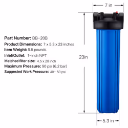 20 Inch Whole House Water Filter Housing 1-Inch Outlet/Inlet with Wrench and Bracket -4.5" x 20"- Blue Color