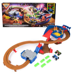 Monster Jam , Supercharge Speedway Playset, Megalodon and El Toro Loco Die-Cast Monster Trucks, Light Up World Finals Track Kids Toys for Boys Ages 3+
