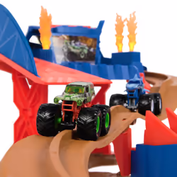 Monster Jam , Supercharge Speedway Playset, Megalodon and El Toro Loco Die-Cast Monster Trucks, Light Up World Finals Track Kids Toys for Boys Ages 3+