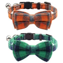 Joytale Upgraded Cat Collar with Bells  Breakaway Cat Collars with Bow Tie  2 Pack Girl Boy Safety Plaid Kitten Collars  Green+Orange