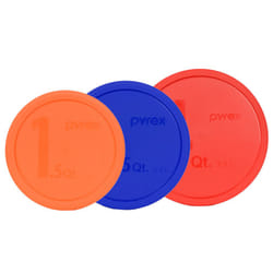 Pyrex (1) 326-PC 4qt Red  (1) 325-PC 2.5qt Blue  & (1) 323-PC 1.5qt Orange Plastic Storage Lid  Made in USA