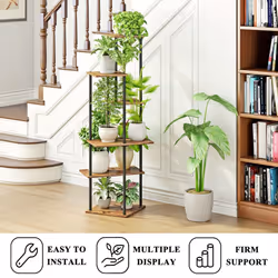 JEPRECO Plant Stand Indoor 6Tier Metal Wood Plant Shelf for Multiple Flower Pots Corner Tall Flower Holders for Living Room Bal