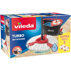 Vileda Turbo Microfibre Mop and Bucket Set with Extra 2-in-1 Head Replacement, Spin Mop for Cleaning Floors, Set of 1x Mop, 1x Bucket and 1x Refill