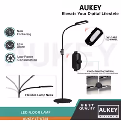 AUKEY 8W LED Floor Lamp, 3 Colour Temperatures & 20 Dimmable Brightness Levels, Eye Care Standing Reading Lamp with Adjustable Gooseneck - Black