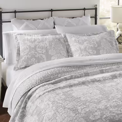 Laura Ashley Quilt Set Cotton Reversible Bedding with Matching Shams  Lightweight Home Decor Ideal for All Seasons  Queen  Venetia Grey  4 Count