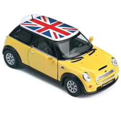 KiNSMART Mini Cooper S 5 1:28 Scale Die Cast Metal Model Toy Car British Flag Yellow w/Pullback Action